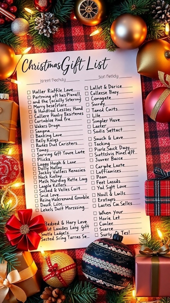 A Christmas gift list organizer with names and gift ideas on a festive background.